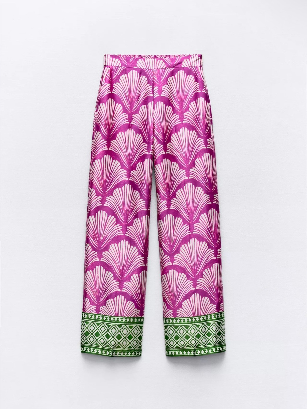 Zara Pink Shell-Print Wide-Leg Pants with Green Hem
